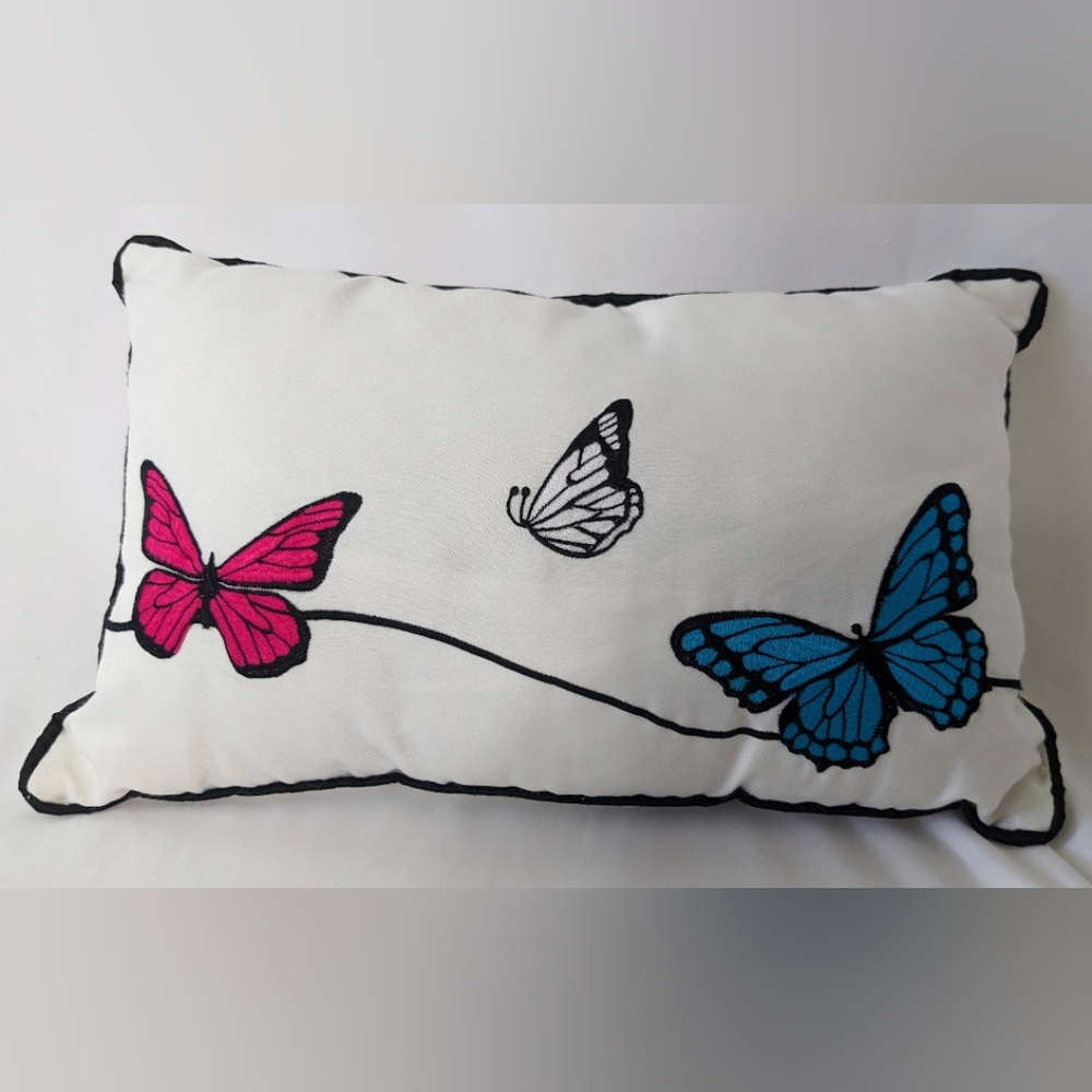 Vintage Embroidery Butterfly Accent Pillow Rectangular White W/3 Butterflies